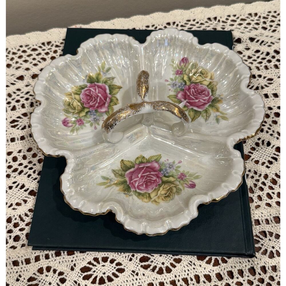 vintage Ucagco Japan porcelain three divided dish pink floral gold accent